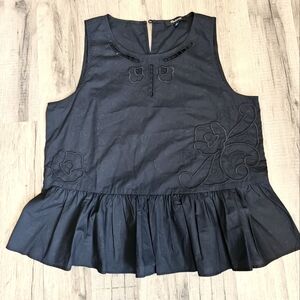 Madewell Black Sleeveless Top With Boho Floral Details 100% Cotton Size Small